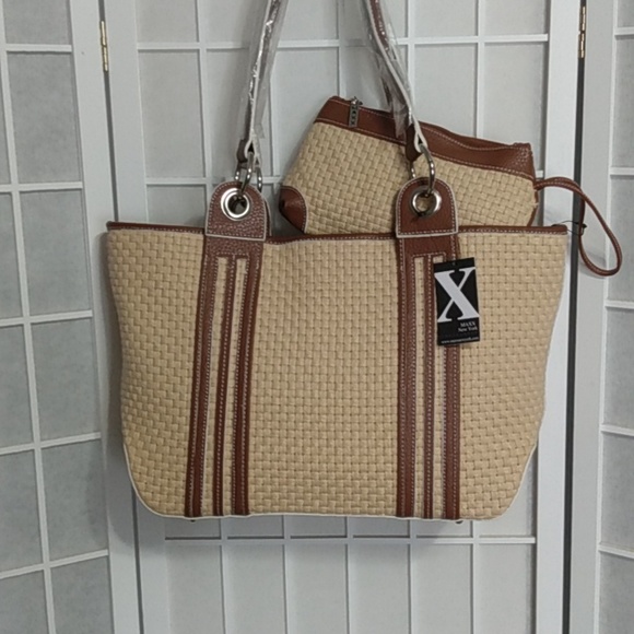 Maxx New York Woven Shoulder Bag with Matching Wristlet | Tan & Brown Vinyl Trim - Picture 5 of 15